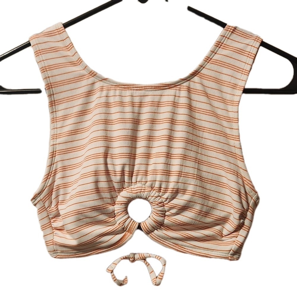 Exhilaration White & Orange Striped Swim Top W/ Keyhole And Lace-up Back, M